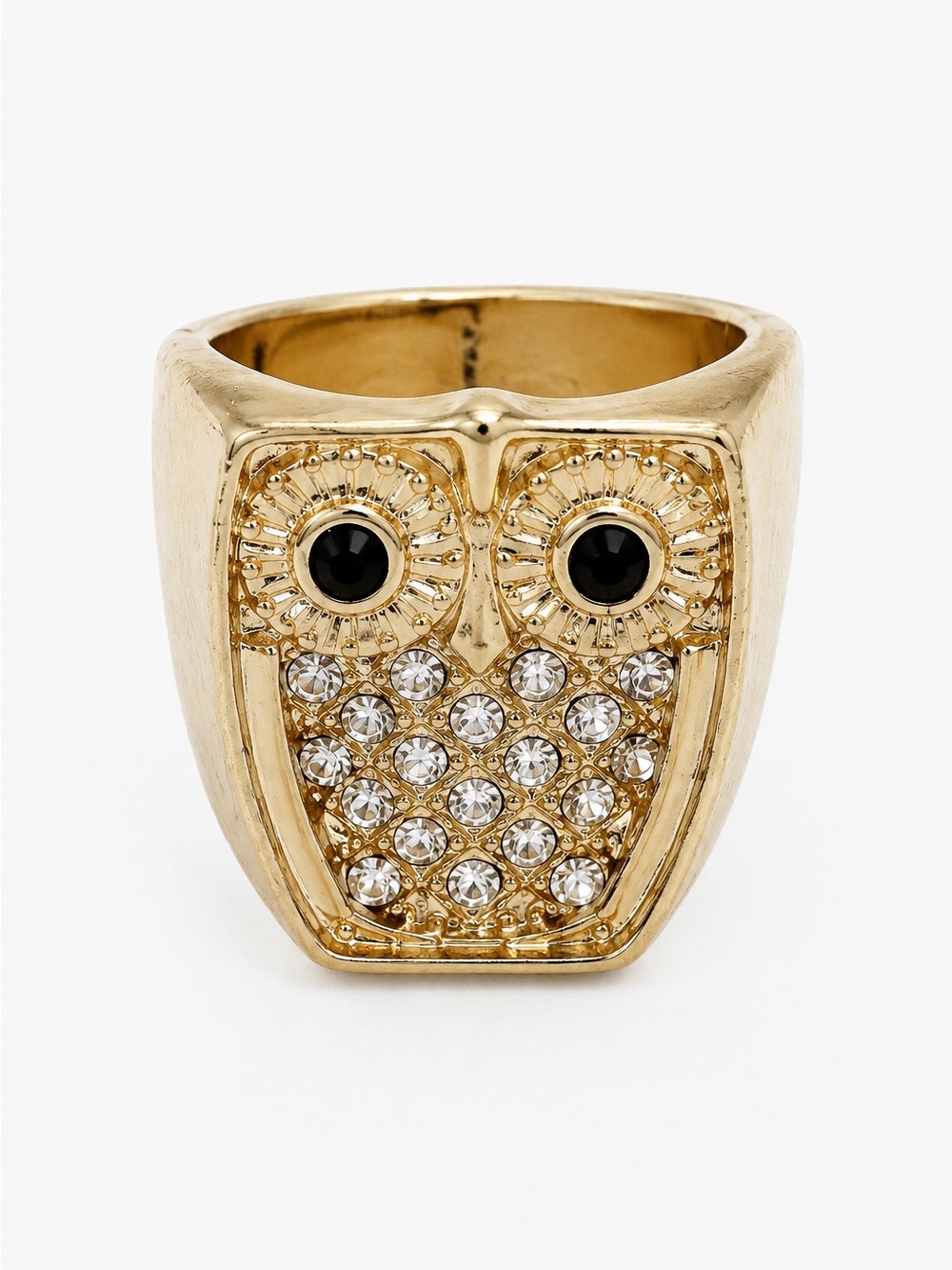 Gold Tone Crystal Owl Statement Ring Black Eyes Size 7